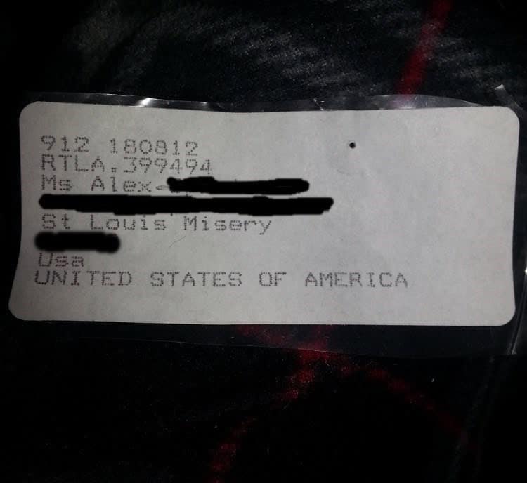 funny spelling mistakes meme featuring address label with St Louis Misery instead of Missouri for spelling fails