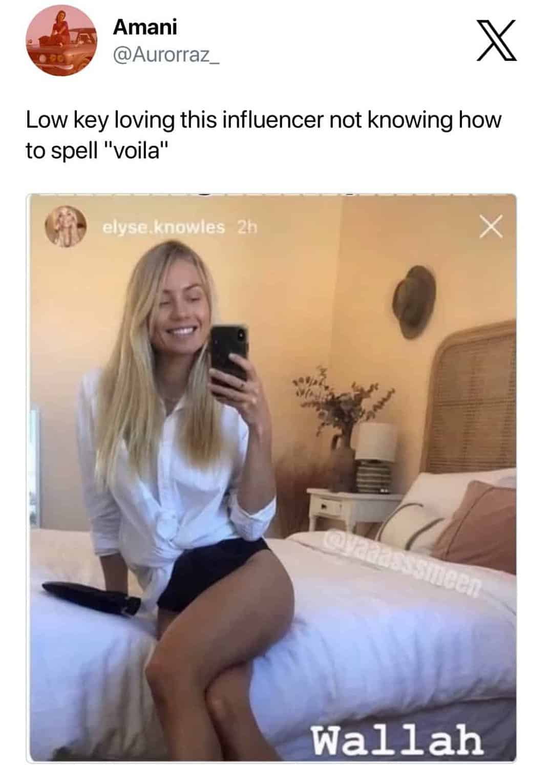 funny spelling mistakes meme about influencer spelling voila as wallah in a social media post for spelling fails content