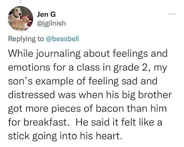 While journaling about feelings and emotions for a class in grade 2, my son's example of feeling sad and distressed was when his big brother got more pieces of bacon than him for breakfast. He said it felt like a stick going into his heart.