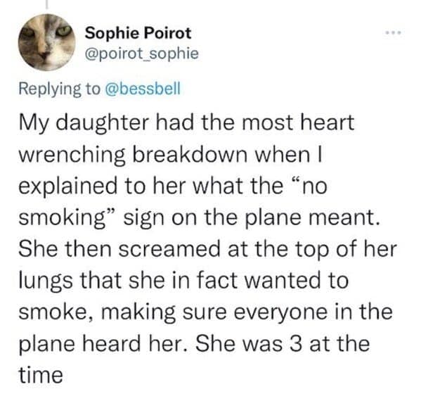 My daughter had the most heart wrenching breakdown when I explained to her what the "no smoking" sign on the plane meant. She then screamed at the top of her lungs that she in fact wanted to smoke, making sure everyone in the plane heard her. She was 3 at the time