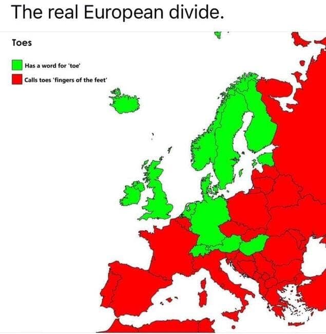 Map of Europe divided by languages for 'toe,' highlighting funny differences in European geography memes