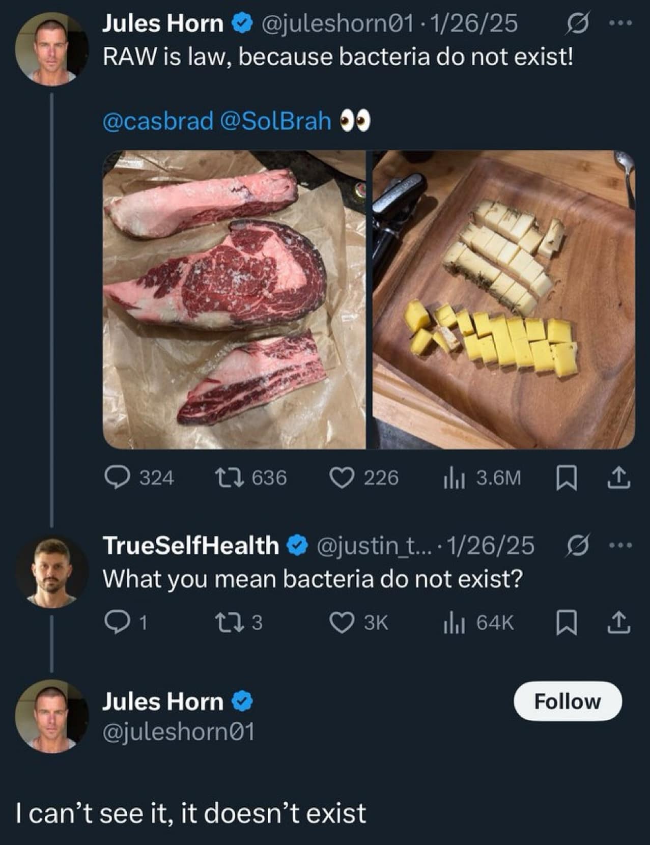 Jules Horn © @juleshorn01 • 1/26/25 RAW is law, because bacteria do not exist! @casbrad @SolBrah 99 © 324 17 636 © 226 la 3.6M A 1 TrueSelfHealth © @justin t... 1/26/25 What you mean bacteria do not exist? Q1 173 О зк Th 64K Jules Horn © @juleshorn01 Follow I can't see it, it doesn't exist