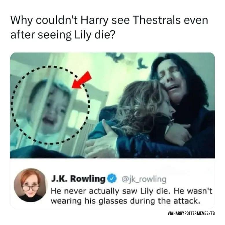 Why couldn't Harry see Thestrals even after seeing Lily die? J.K. Rowling © @jk rowling He never actually saw Lily die. He wasn't wearing his glasses during the attack. VIA HARRY POTTER MEMES/FB