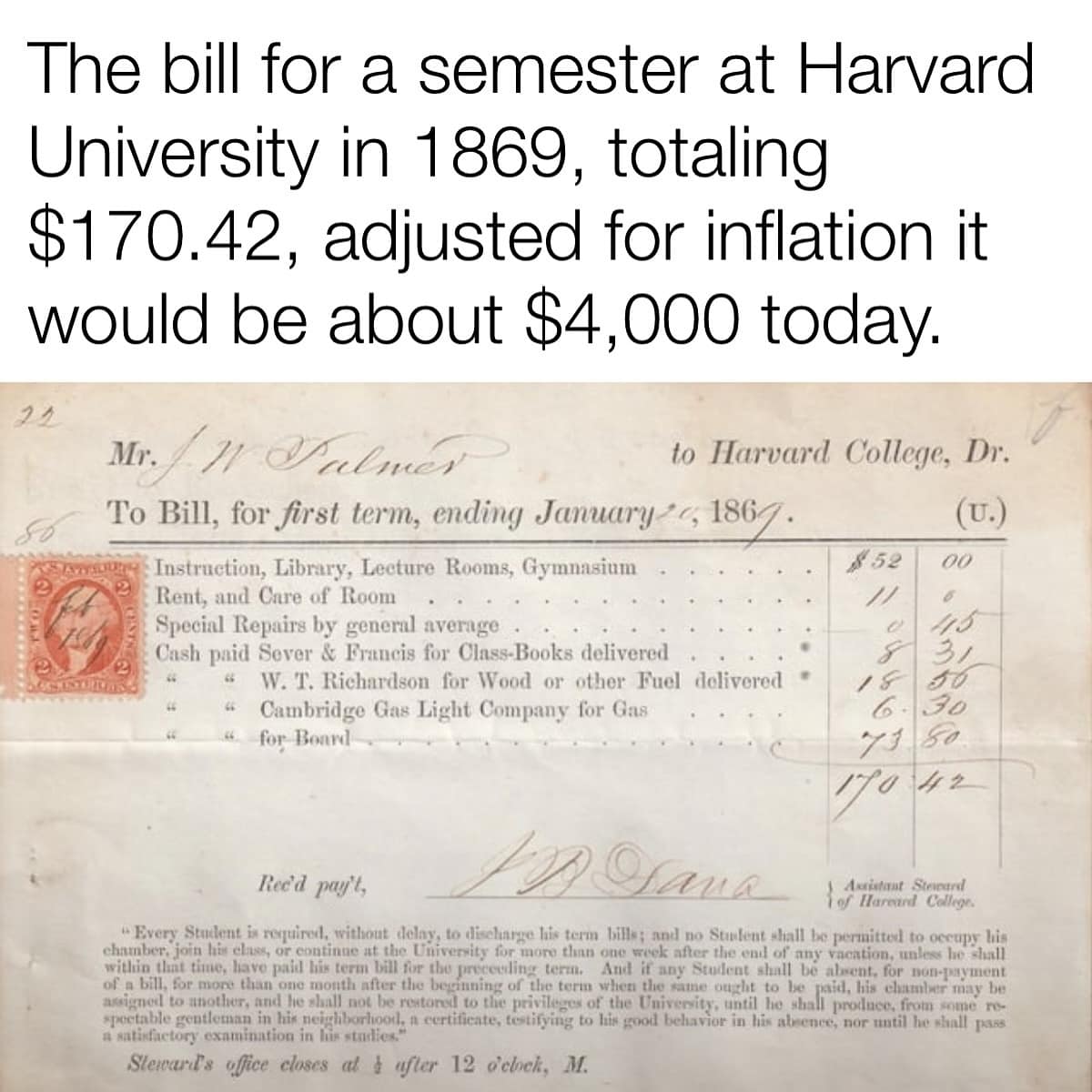 The bill for a semester at Harvard University in 1869, totaling $170.42, adjusted for inflation it would be about $4,000 today. 24 Mr. 111 Salmas to Harvard College, Dr. To Bill, for first term, ending January «, 1864. Instruction, Library, Lecture Rooms, Gymnasi $ 52 (U.) 00 Rent, and Care of Room ... . Special Repairs by general average . Cash paid Sever & Fruncis for Olnss-Books delivered  W. T. Richardson for Wood or other Fuel delivered Cambridge Gas Light Company for Gas § / 8 6 for Board 43 31 36 30 50 Reed payt, Aurielant Steirand 1 of taraara celia. Every Student is required, without delay, to discharge his term bills; and no Stufent shall be permitted to occupy his chamber join his class, or continue at the Univervity for more than one week after the end of any vention, unless he stall within thit time, have paid his term bill for the proceeding terms. And it any Stilent shill be alent, for non-payment of a bill, for more than one month after the beginning of the tern when the same ought to be paid, his chamber may be asigned to another, and he shall not be restored to the privileges of the Univerity, until he shall produce, from some respectable gentleman in his neighborhood, a certificate, toticing to his good behavior in his atrence, nor until he shall pass a satinactory examination in his studies." Stewards afice closes at I after 12 @chek, M.