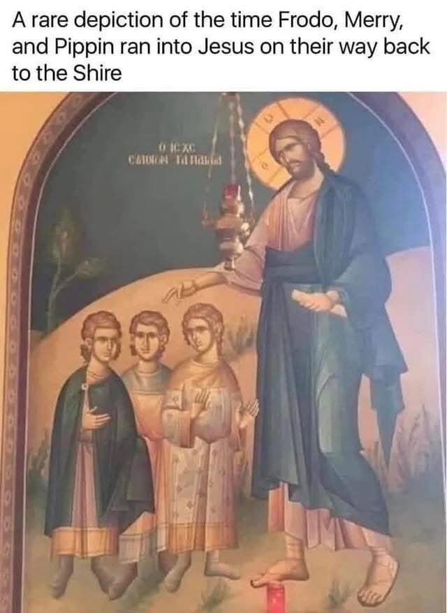 A rare depiction of the time Frodo, Merry, and Pippin ran into Jesus on their way back to the Shire