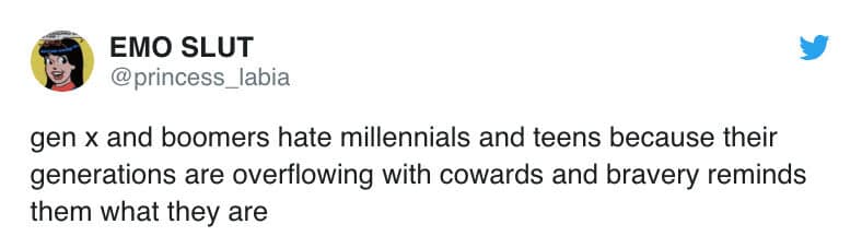 Tweet about boomers and Gen X fearing bravery.