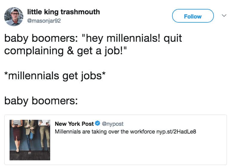 Millennials job meme with boomer complaints.