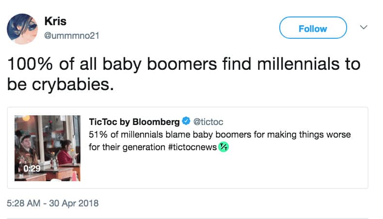 Baby boomer crybaby tweet about millennials.