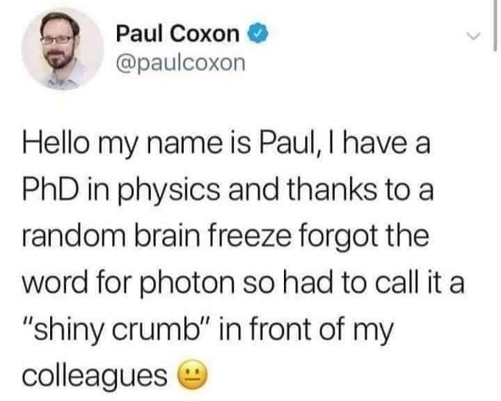 Hello my name is Paul, I have a PhD in physics and thanks to a random brain freeze forgot the word for photon so had to call it a "shiny crumb" in front of my colleagues