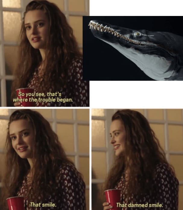 Girl holding cup saying “that’s where the trouble began” with smiling sea predator