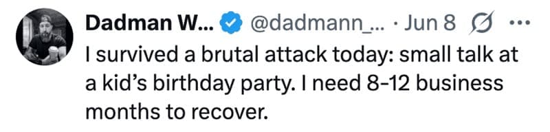 Parenting meme about recovering from small talk at kid’s birthday party