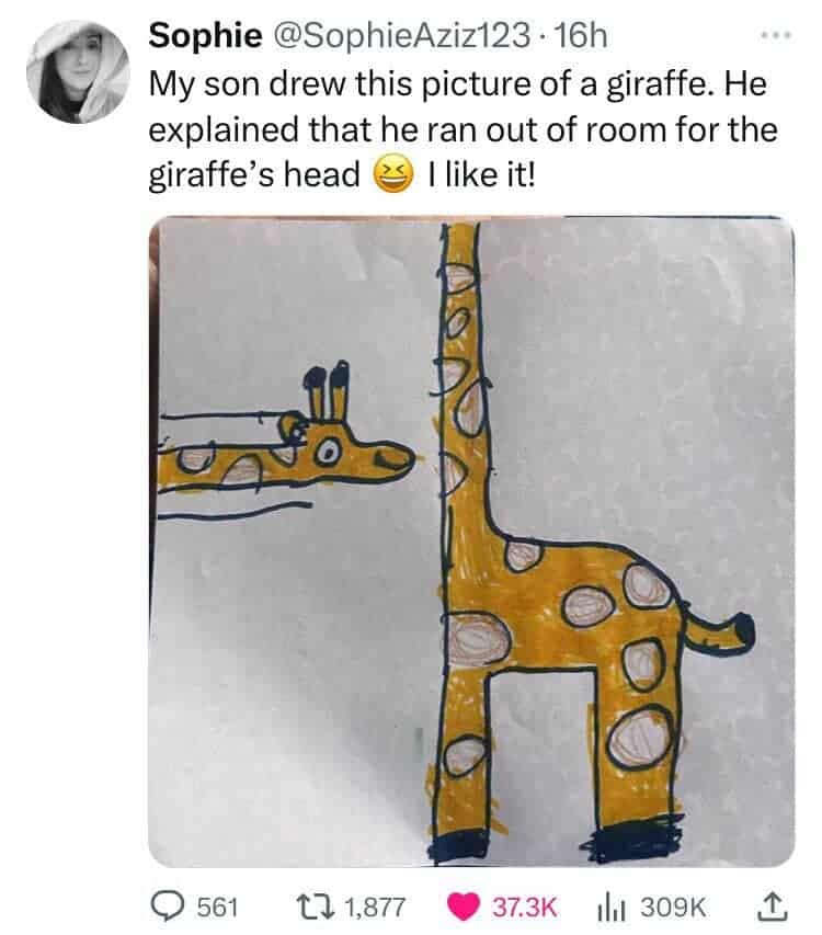 Parenting meme featuring a kid’s drawing of a giraffe with no head