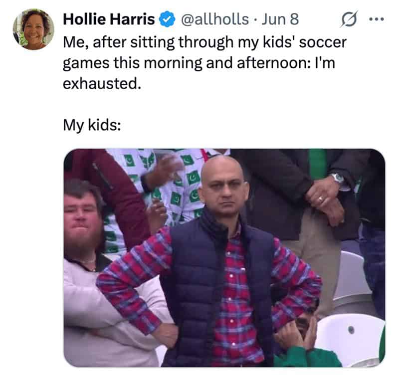 Parenting memes showing exhausted parent after kids’ soccer games