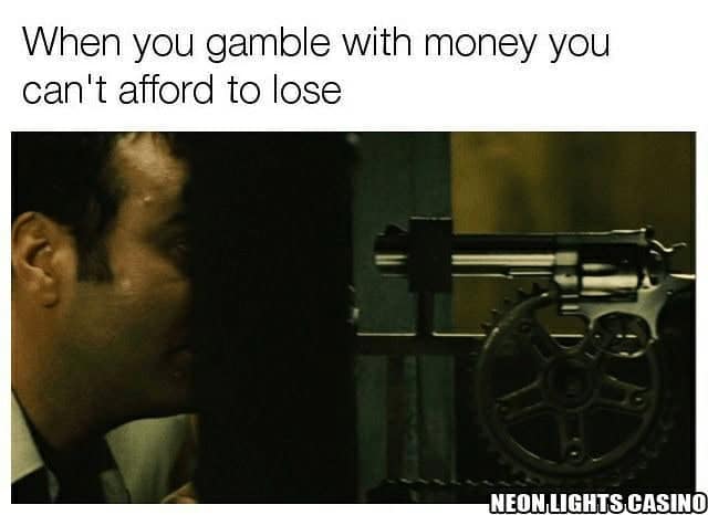 Gambling meme with man facing revolver trap.