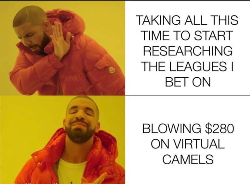 Drake meme blowing $280 on virtual camels.