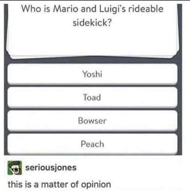 Who is Mario and Luigi's rideable sidekick? Yoshi Toad Bowser Peach