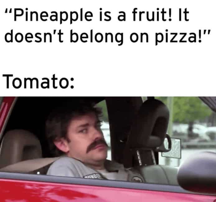 "Pineapple is a fruit! It doesn't belong on pizza!" Tomato: