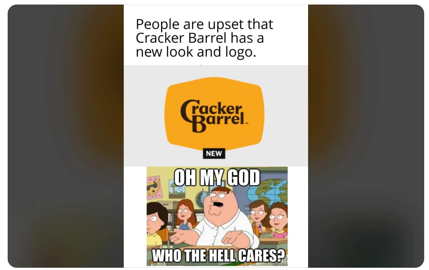 Meme about Cracker Barrel’s new logo with Peter Griffin reacting “Who the hell cares?”