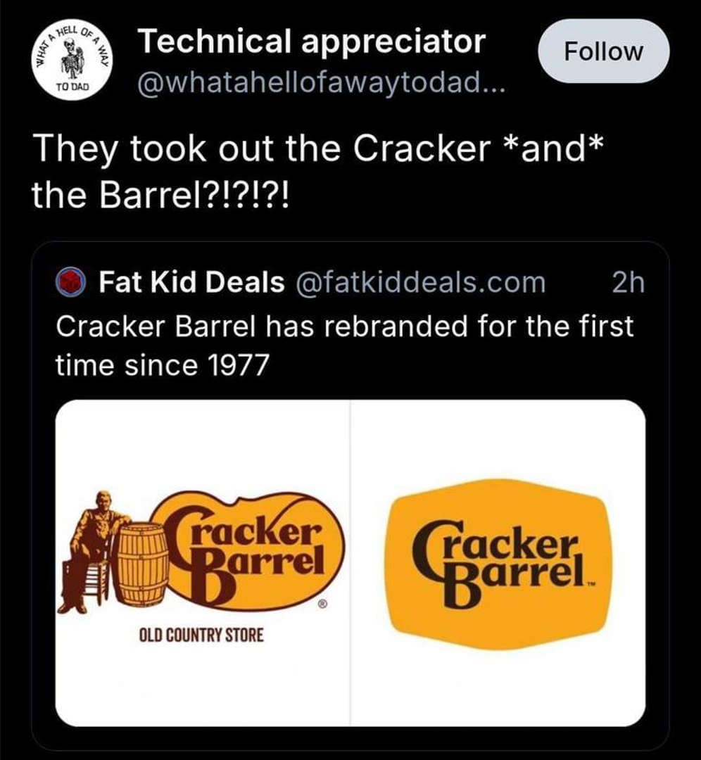 Tweet joking that Cracker Barrel removed both the cracker and the barrel, with old vs new logos