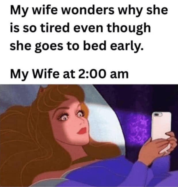 Sleeping Beauty wide-eyed in bed at 2 a.m., phone in hand, despite text about going to bed early.