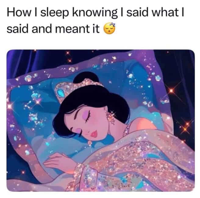 Princess Jasmine peacefully asleep under glittering blankets with text about standing by your words.