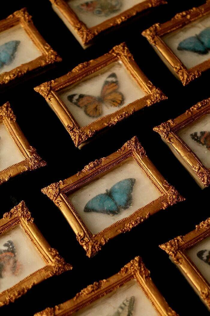 Butterfly cookies set inside ornate edible gold frames.