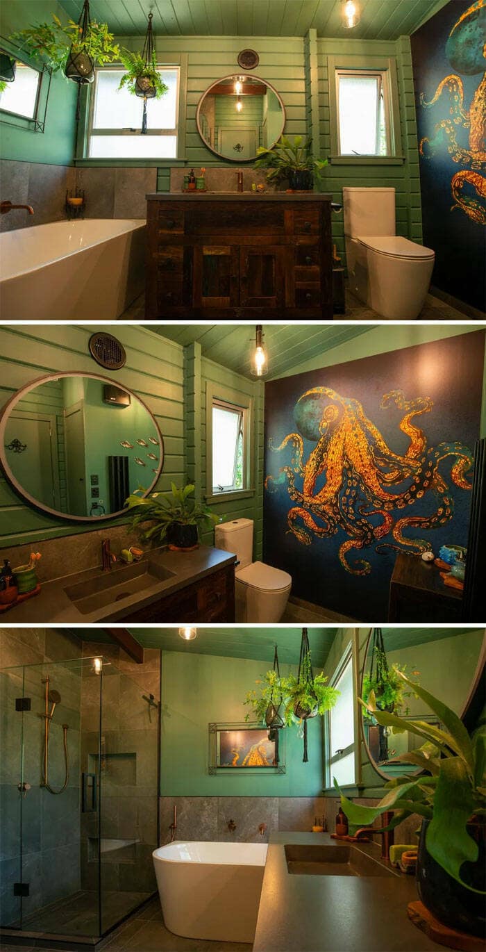 Amazing home decor pictures: sea-green bathroom with octopus mural, plants, tub and glass shower
