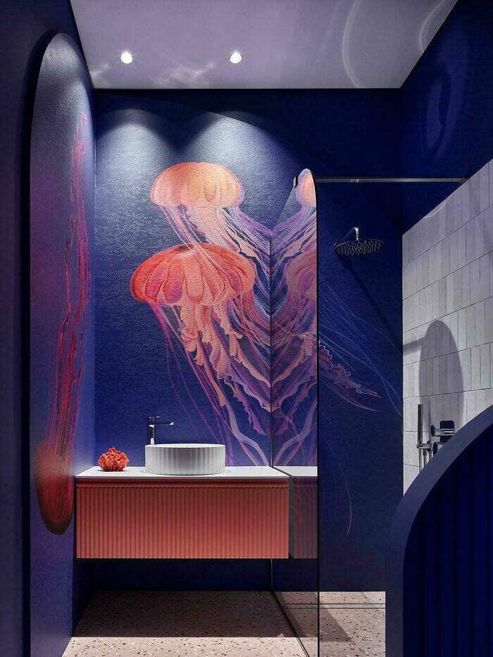 Amazing home decor pictures: navy bathroom with giant pink jellyfish wall art and modern vanity