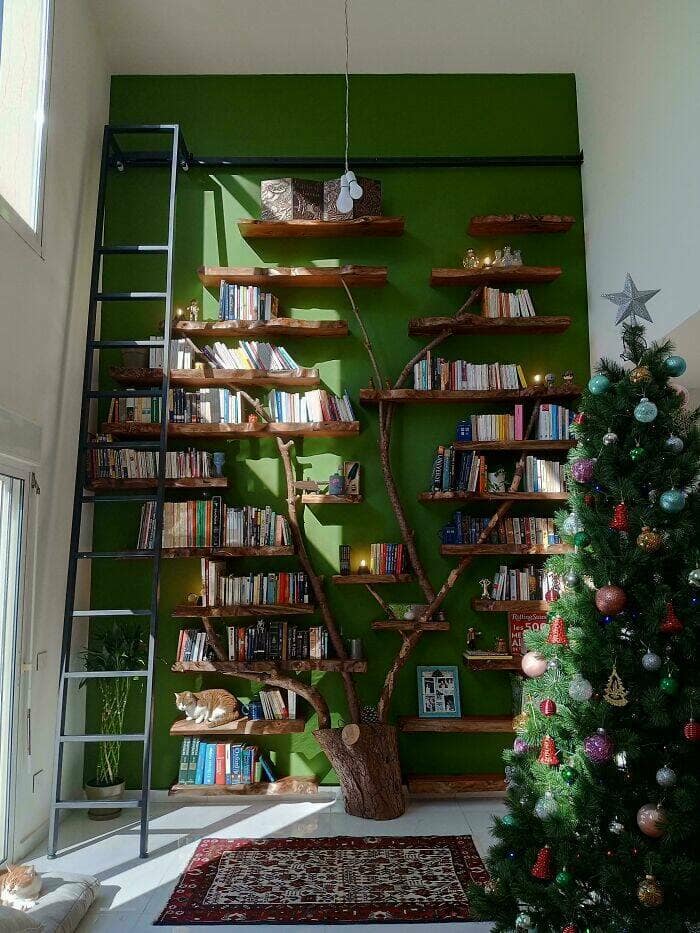 Amazing home decor pictures: tree-shaped bookshelf wall with ladder, cats and green backdrop