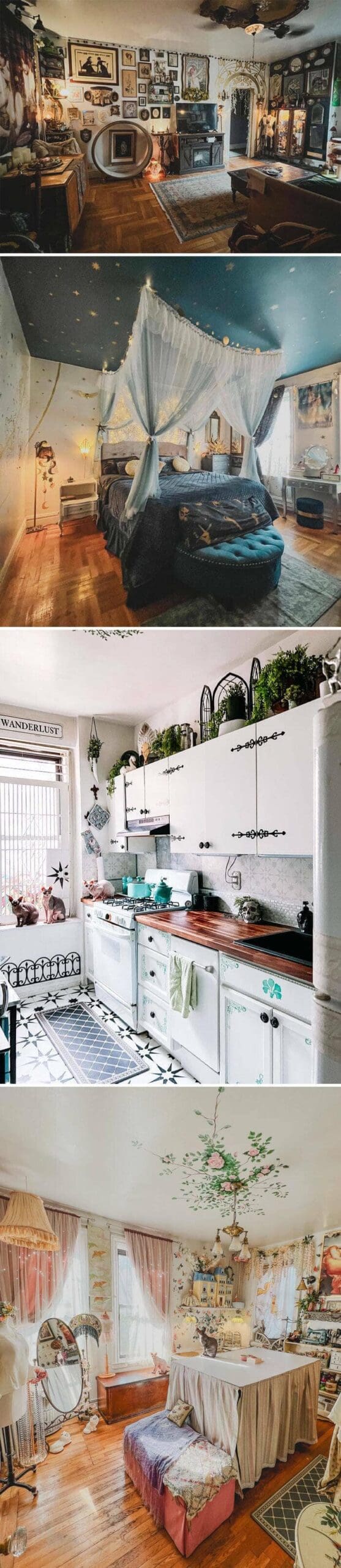Amazing home decor pictures: whimsical vintage apartment—gallery walls, starry bedroom, cozy kitchen