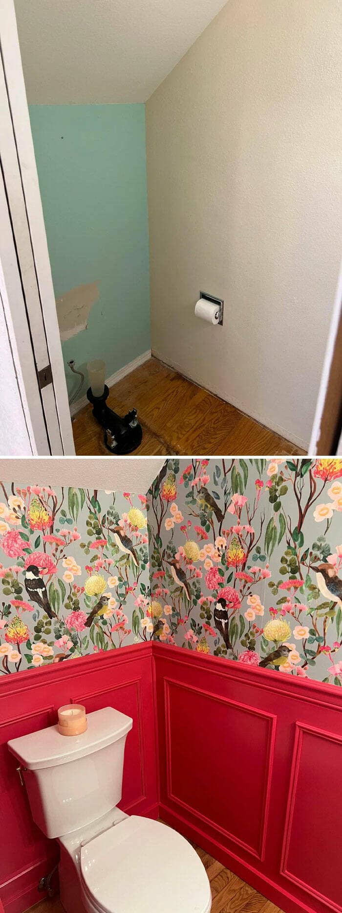 Amazing home decor pictures: powder room makeover with floral wallpaper and bold red wainscoting
