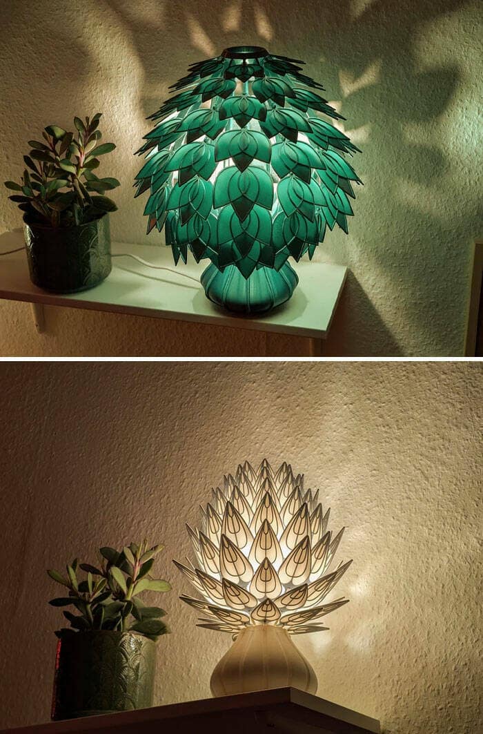 Amazing home decor pictures: DIY leaf-petal table lamp glowing in teal and warm white
