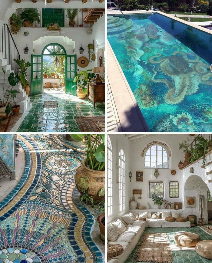 Amazing home decor pictures: Mediterranean tiles, mosaic path, sunlit lounge and octopus pool art