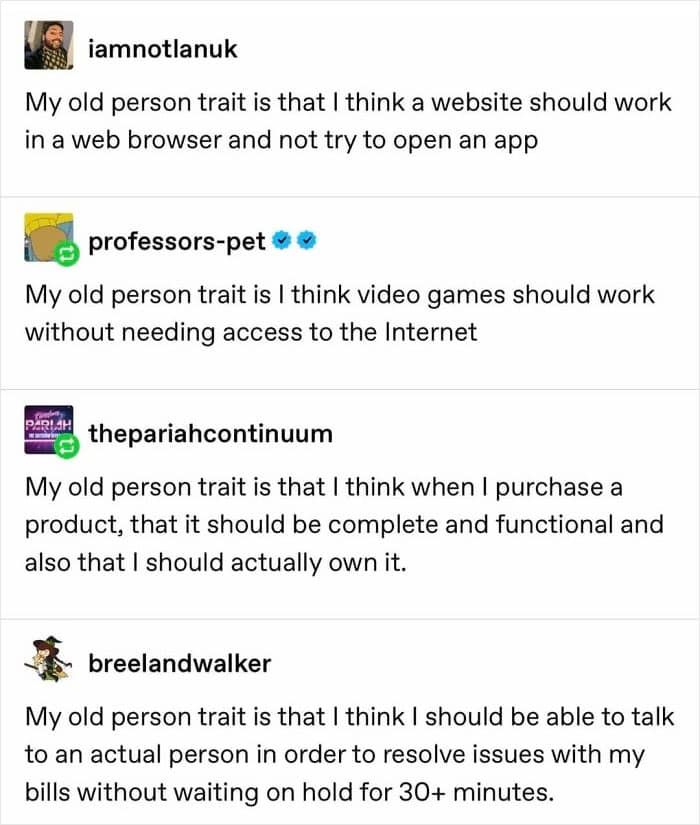 An anti consumption meme showing posts complaining about modern product design and services.