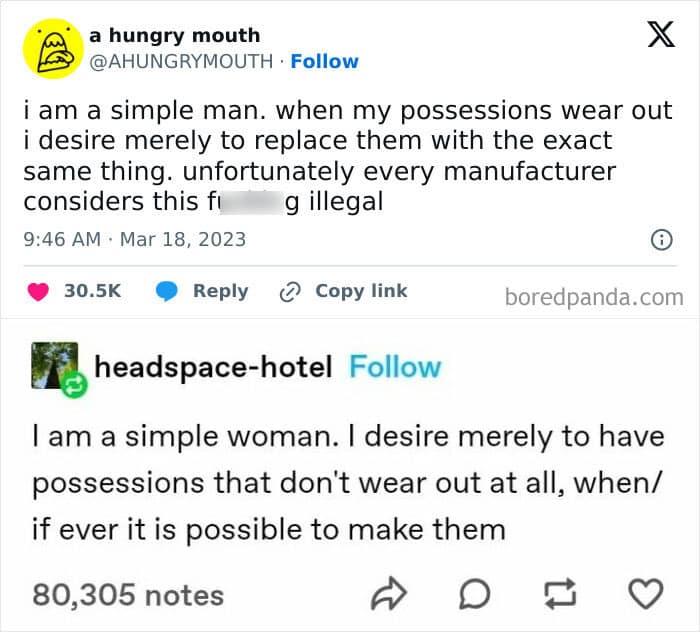 An anti consumption meme about the desire for long-lasting products that can be replaced.