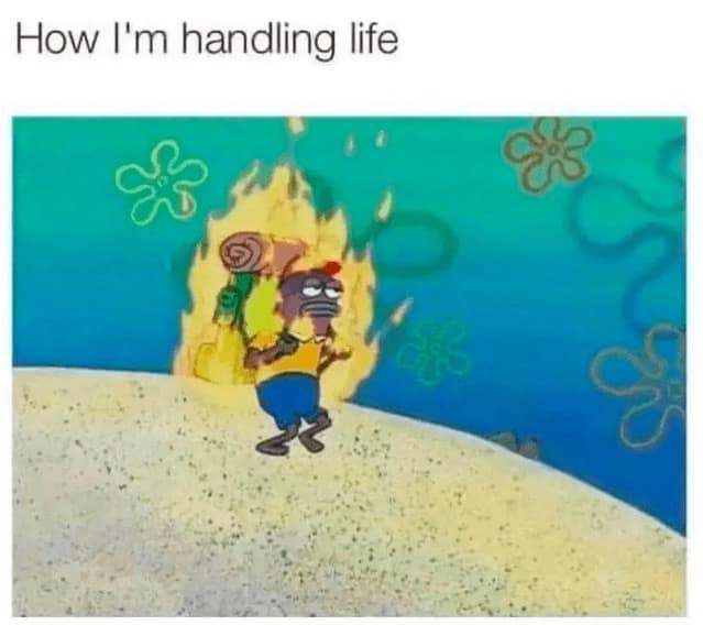 SpongeBob background fish walks as flames burn behind him.