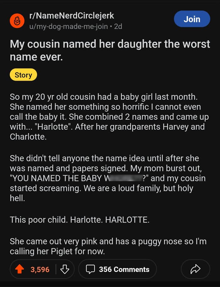 A Reddit post describing a family's horror after a baby was given the unfortunate name "Harlotte."