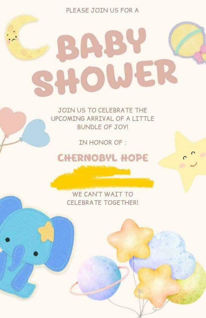 A shocking baby name fail on a baby shower invitation for a child unfortunately named "Chernobyl Hope."