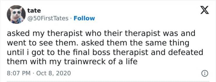 A text meme about a person's life being a "trainwreck," and their therapist.