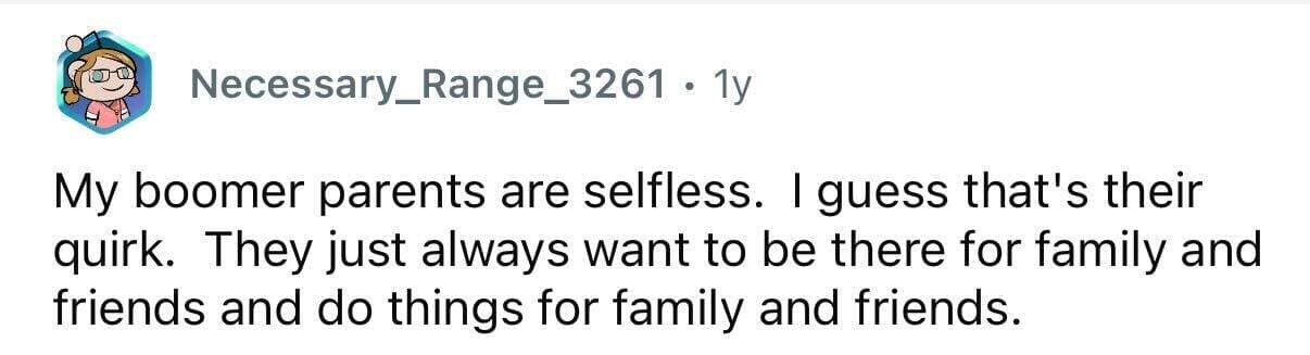 Boomer parents described as selfless and always helping others