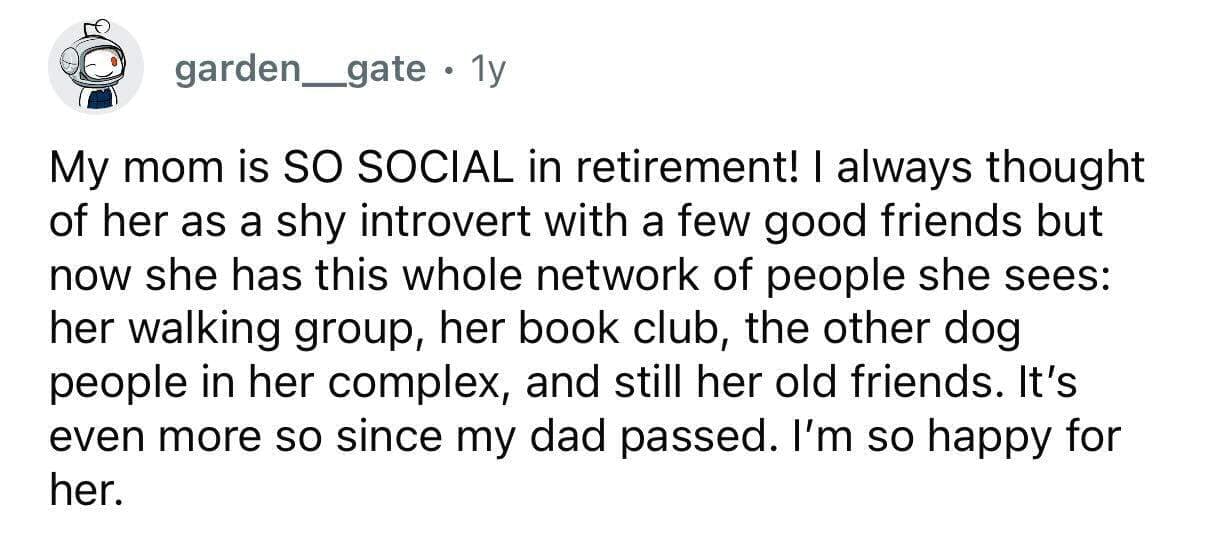 Post about a retired boomer mom becoming highly social