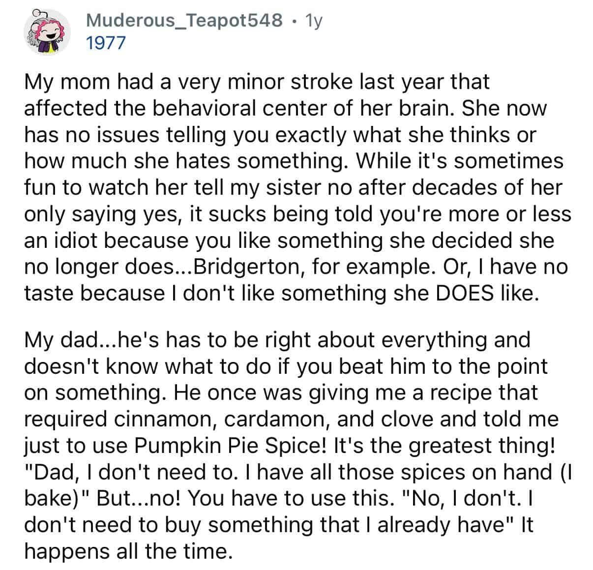 Story about a blunt boomer mom post-stroke and a stubborn dad