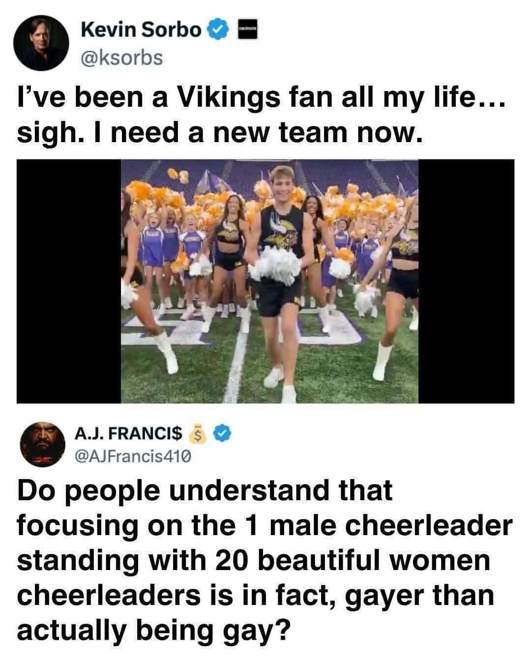 Tweet thread where a football fan complains about a team; reply notes the irony of fixating on the lone male cheerleader amid many women.