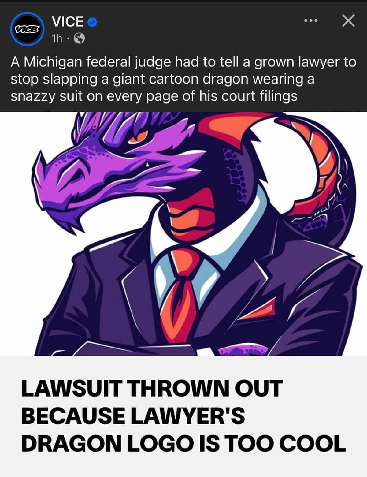 News-style post about a lawyer putting a flashy cartoon dragon logo on every filing; art shows a purple dragon in a suit.