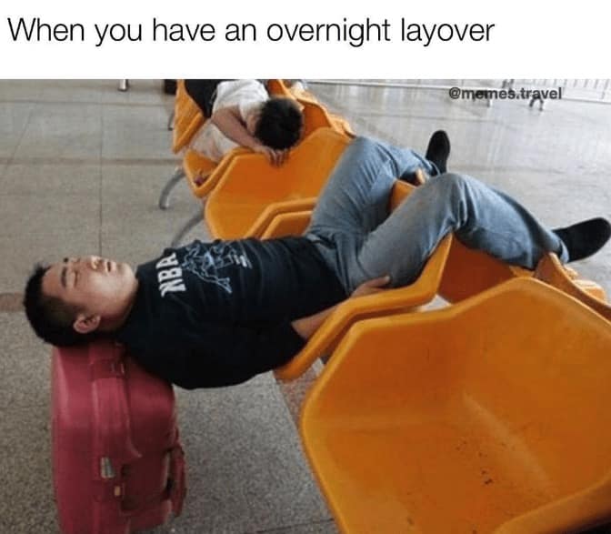 A budget travel meme showing a man sleeping uncomfortably on airport chairs during a long layover.