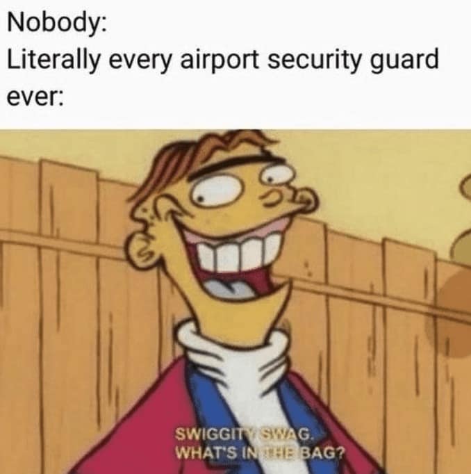 A funny travel meme using a character from 'Ed, Edd n Eddy' to represent an airport security guard.