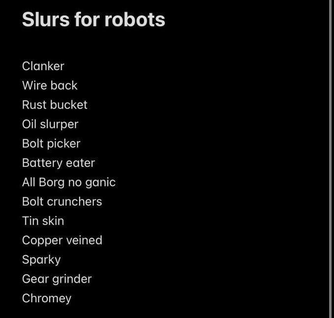 List of playful robot insults like clanker, rust bucket, and sparky.