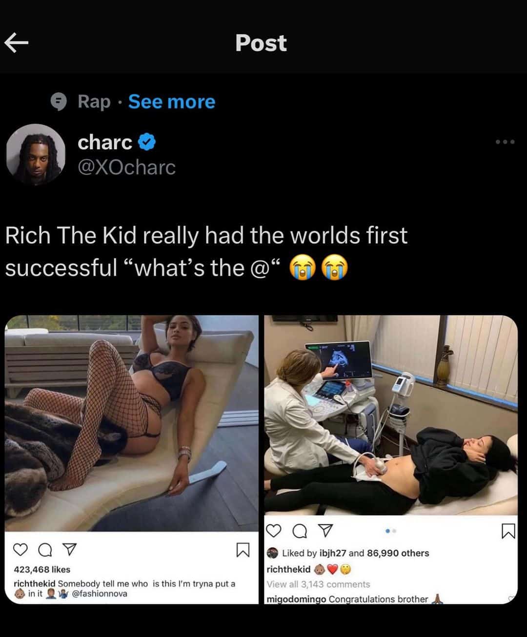 Tweet showing before-and-after photos of Rich The Kid’s posts