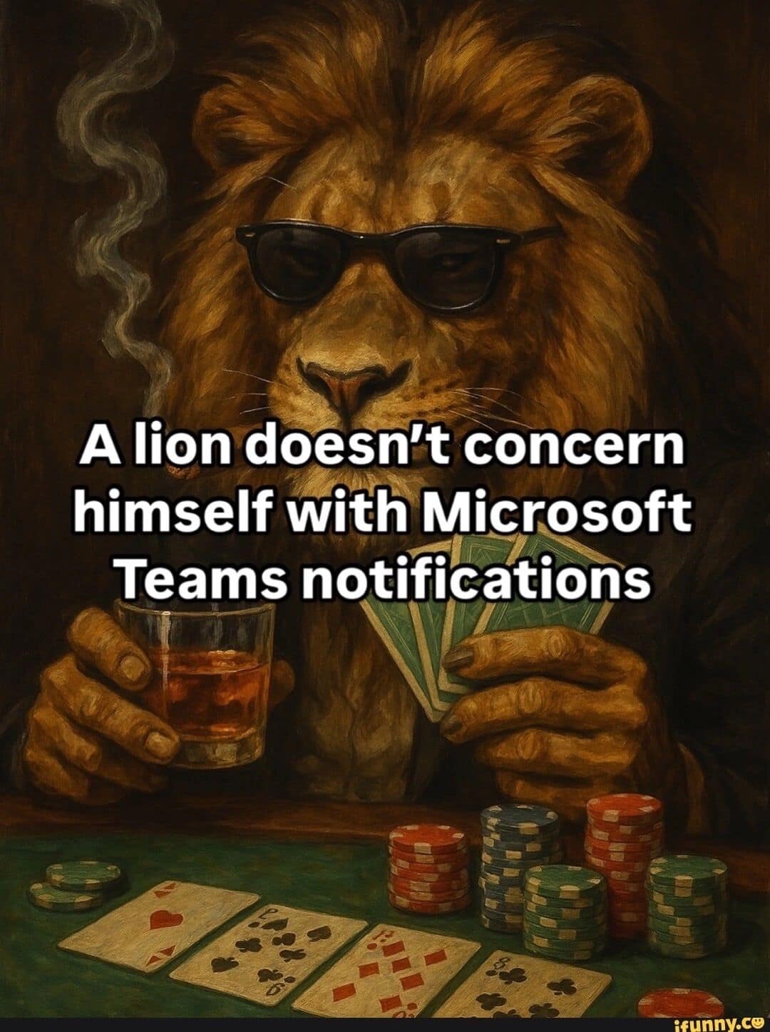 A lion playing poker with a drink and cigar, wearing sunglasses