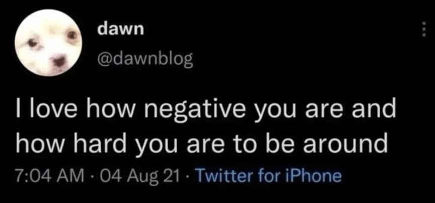 Tweet from @dawnblog saying "I love how negative you are and how hard you are to be around."